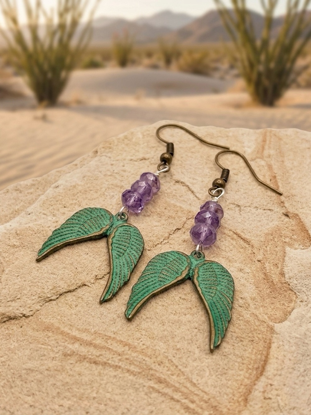 Amethyst & Patina Angel Wing Earrings, Mixed Metal Boho Dangle⁠ Handcrafted
